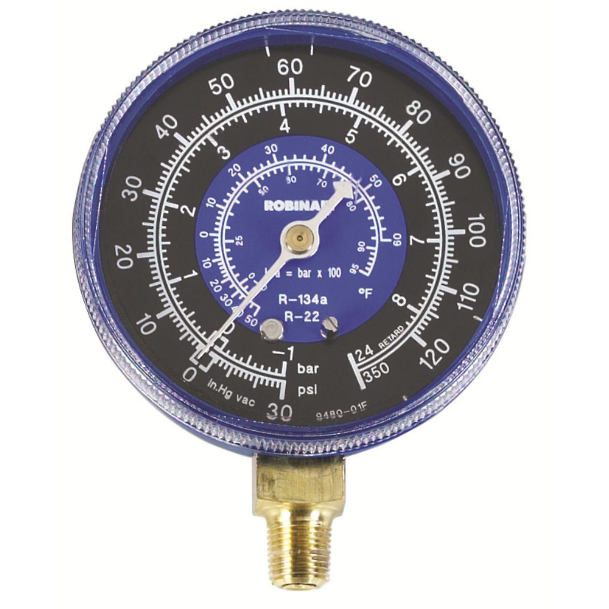 Robinair Universal Low Side Gauge — R-134A/R22, PSI/kPa, 0-120 PSI, 0-30in. Hg, Model# ROB11794